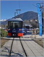 The TMB train service  MARIE  in the Le Fayet Station is waiting his departure to Bellevue. 14.02.2023