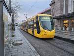 A  Soléa  tram is from the line 1 is waiting at the Station Place in Mulhouse his departure.