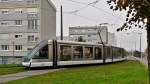 . A Bombardier Eurotram is leaving the stop Martin Schongauer in Strasbourg on October 29th, 2011.