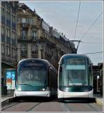 Eurotram and Citadis tram pictured on the Pont Royal in Strasbourg on October 29th, 2011.