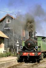 Working C-steam locomotive at Sentheim ready for the travel to Cernay, at CFTVD Dollertalbahn Cernay to Sentheim, August 7th, 1979.
