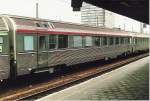 A INOX ex-TEE dinning car. At that time in use for Eurocity trains between Amsterdam/Brussel and Paris. Brussel-Zuid 1994.