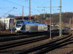 ET 23 007 (a 3-piece Stadler Flirt) of Abellio Rail NRW drives into  the railway station Siegen-Weisenau on 29.01.2011 .