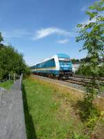 223 067 is driving in Oberkotzau on August 7th 2013.