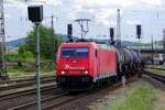 Once DB cargo, now RheinCargo (that used to be HGK) 185 349 hauls a tank train through Aschaffenburg on 3 June 2019.
