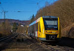 The VT 507 (95 80 1648 107-8 D-HEB / 95 80 1648 607-7 D-HEB) of the HLB (Hessische Landesbahn GmbH) leaves the station Dillbrecht at 01.03.2021, as RB 95 RB 95   Sieg-Dill-Bahn  Dillenburg – Siegen.