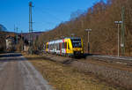 The VT 503 (95 80 1648 103-7 D-HEB / 95 80 1648 603-6 D-HEB) of the HLB (Hessische Landesbahn GmbH) leaves the station Dillbrecht at 01.03.2021, as RB 95 RB 95   Sieg-Dill-Bahn  Siegen - Dillenburg.