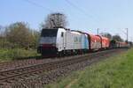 On 3 April 2025 Lineas 186 454 hauls a steel train through Kaarst.