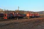 All four in one go: Here are the 4's in-service locomotives Westerwaldbahn (WEBA) on 31/10/2011 at Scheuerfeld / win. Left the locomotive 1 and 3 (V 26), this type at R 30 B were built by Jung in Kirchen / siegin 1956 and 1957. The right locomotive 5 and 7, this type DH 1040 (ex V 100.10 reconstruction by Vossloh Locomotives GmbH, Moers (mak OnRail)).