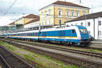 ALEX/Ariva 223 071 stands in front of the ALEX at Regensburg on 17 September 2015, where she has taken the place of an electric engine Class 183, that made the leap between München and