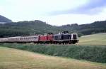212 236-4 and 212 244-8 with an extra train (= last train) between Schwbisch Gmnd and Gppingen, June 21st, 1984.