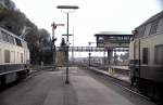 Two 218 are waiting for starting the travel at Memmingen with old outfit, October 21st, 1995.