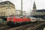 Scanned picture of 218 483 with sister and IC to Westerland (Sylt) leaving Hamburh Hbf on 24 May 2004.