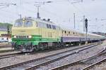 In poor weather, BrohltalBahn 218 396 leaves Trier with her special train on 28 April 2018. 