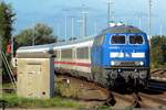 PRESS 218 056 hauls a shortened InterCity into Niebüll station on 16 September 2020.