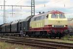 TEE liveried 218 105 shunts with a set of Donnerbuchse coaches out of the railway museum at Darmstadt-Kranichstein on 30 May 2014.