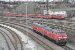 218 432-3 and annother 218 are coming from gasoil service-station at Ulm; in the background are ten class 151 locomotives without service, at February 26th, 2010.