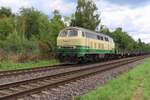 Brohltalbahn 218 396 hauls an empty aluminum carrying train to Spelle through Kaarst on 23 July 2025.