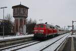 DB 218 321 calls at Niebüll on a grey 16 February 2026 as one of the very last IC trains between Niebüll and Westerland (Sylt) with Class 218 haulage.