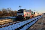 DB 218 497 hauls an IC train into Nieb�ll on 14 February 2026.