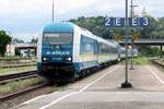 ALEX 223 068 calls at Schwandorf on 27 May 2022 with a Praha-bound express train.