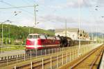 Museum diesel loco DR 118 770 (ex V 180, later DBAG 228) with 35 1019 and Dampfsonderzug at Bad Schandau on the evening of 12 May 2012.