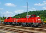 Two Shunting Locomotives Voith Gravita 10 BB, the 261 079-8 and 261 054-1 of the DB Schenker Rail Deutschland AG stands at 09.07.2013 by the station Montabaur.