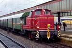 On 29 April 2018 V 60 447 shunts a museum train in Trier Hbf.