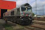Class 66 DE 670 of RheinCargo stands before the loco shed at Neuss am Kaiser during an open day on Sunday 21 September 2025.