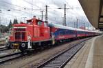 On 14 September 2017, Dreibein 363 180 shunts BahnTouristik stock at Nuremberg Hbf.