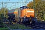 On 8 November 2019 Bocholter Eisenbahn 295 057 shunts a single oil wagon at Emmerich.