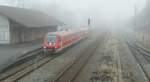 Is coming out of the fog: VT 611 649-0 to Ulm is arriving in Ehingen.