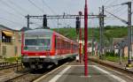 . A local train to Trier is leaving the station of Wasserbillig on April 26th, 2014.