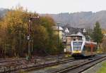 . A Stadler GTW 2/6 of the Hellertalbahn is entering into the station of Herdorf on November 3rd, 2014.