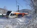 Stadler GTW 2/6 by the Hellertalbahn on 14.02.2009  at Struthtten and Herdorf, KBS 462 (Dillenburg-Haiger-Neunkirchen-Herdorf-Betzdorf).