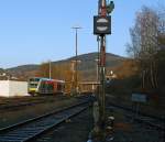 GTW 2 / 6 of the Hellertalbahn (Heller Valley Railway) comes from Neunkirchen and goes towards Betzdorf/Sieg, here on 21.11.2011 to 15:10 clock, just behind the  interlocking Herdorf east.