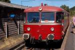 This photo shows an old german railbus from the companie  Uerdinger  it is owned now by the club V E B in Gerolstein/Eifel. It is on an touristic railroad line in duty and stued here at Daun station on the way to Kaisersesch. 2012/8/18