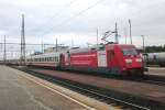 Partially an advertising loco: 101 118 pushes an IC out of Weimar on a shabby 2 June 2013.