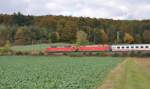 120 and 101 are both working on an Intercity train at Swabian Alb between Urspring and Amstetten, October 14th, 2009.