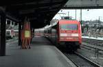 101 023-0 with Eurocity  Mozart  (Vienna to Paris) at Ulm, July 6th, 1999.