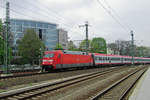 On 10 April 2018 DB 101 068 hauls an EuroCity to Praha, existing of ÖBB coaches, into Dresden Hbf.
