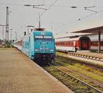 The DB 101 085-9 wiht his IC  Lötschberg  to Brig is arriving at Basel Bad Bf. 

analog picture from the mars 1995