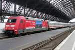 On 28 May 2014 DB 101 006 still has a way to go before entering Switzerland (where the subject of her advertisement, the Bernina Bahn is sited), especially since she is leaving Köln Hbf toward