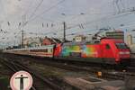 Colourful 101 066 pushes an IC-service to Mannheim via Bonn and Koblenz out of Köln Hbf on 15 February 2024.