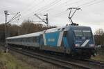 TCS 103002 (an ex-DB 101) pushes a regional train to Hagen via Mönchengladbach out of Venlo on 6 December 2025 in the last week of TCS trains replacing unavailable Eurobahn EMUs.