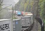152 111 with a container train is meeting an Intercity with 101 016-4, the UNICEF engine, at Geislinger Steige, September 25th, 2010. All trains were working well with the very bad, totally raining weather.