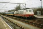 Scanned picture of 103 128 at Venlo on 24 October 1998. The Dutch stock forms an IC/D-Zug Eindhoven-Venlo (loco change)->Kln; this relation sadly ended in May 1999. Untill then, this sight of a DB 103 with Dutch standard stock was a two hourly normality in Venlo.