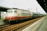 Scanned picture of 103 216 with overnight train at Potsdam on 28 July 2000.