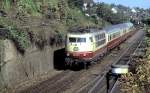 102 214-3 with part of TEE  Rheingold  (Mannheim to Munich) at Ulm Sept. 27th, 1985.