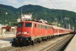 On 26 May 2007 DB 110 343 with RB to Mnchen Hbf stands at Kufstein. The first coach is used for transportation of bikes.
